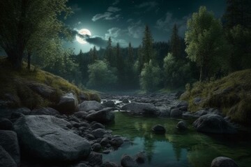 Fototapeta na wymiar A river in a verdant forest with abundant rocks, under a moonlit sky with clouds. Generative AI