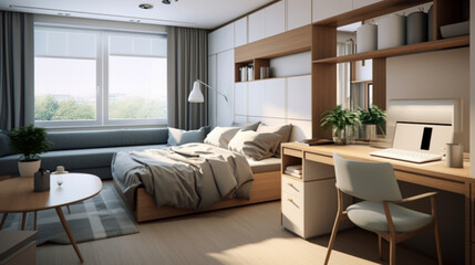Design a functional and stylish interior for a small apartment that includes a single bed, a compact study table, a small attached bathroom, and a functional kitchenette. Maximize space utilization, c - obrazy, fototapety, plakaty