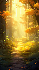 Tranquil Forest Path drenched in Golden Sunlight - Generative AI Illustration