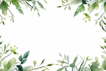 Watercolor greenery frame with plants, branches, leaves, and twigs. Generative AI