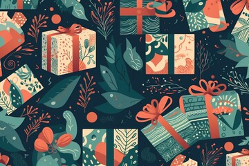 Seamless winter-themed pattern with Christmas presents. Generative AI