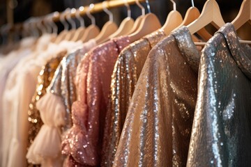 a close-up shot of shiny sequined evening gowns on a hanger