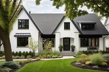 New farmhouse, contemporary design, white exterior, dark shingled roof, black windows, Oak Park, IL, USA, August 17, 2020. Generative AI