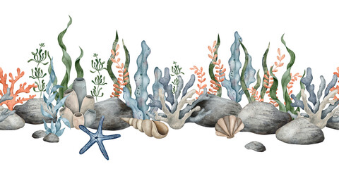Seamless border of sea Pebbles, marine coral, starfish, seaweed algae. Hand drawn watercolor illustration. Marine, tropical collection for souvenir, posters, sticker, printing, banner © Daryartsy