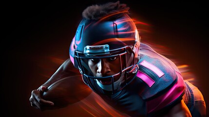 Fototapeta premium Dynamic image of a male American football player moving on a dark background with neon lights mixed in.