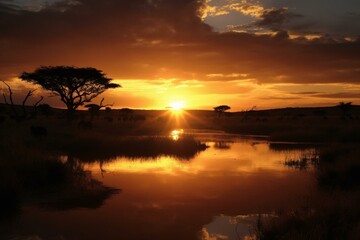 A stunning sunset over Massai Mara, Kenya with a shimmering reflection on the water surface. Generative AI