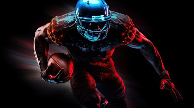 Dynamic image of a male American football player moving on a dark background with neon lights mixed in.