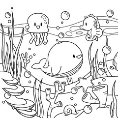 coloring page of a child, cute fish on the ocean