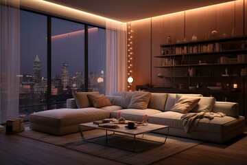 Modern living room with evening lights and sofa. Generative AI - obrazy, fototapety, plakaty