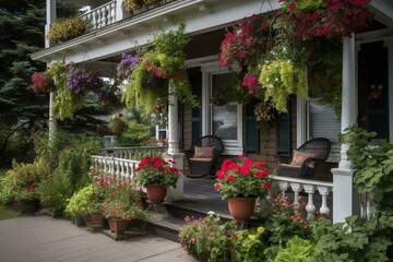 Traditional home with expansive veranda, hanging seat, and vibrant plant containers. Generative AI