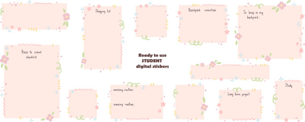 Ready to use floral student digital stickers. Digital note papers and stickers for bullet journaling or planning. Back to school planner stickers. Vector art.