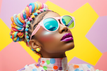 black woman portrait with colorful pastel braids and sunglasses on a graphic retro futuristic background