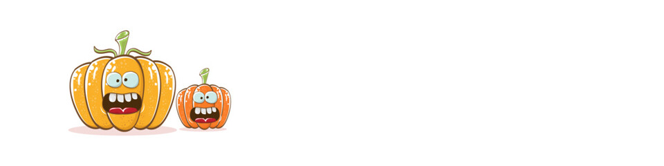 Funky Halloween or thanksgiving day horizontal banner with vector funny cartoon cute smiling friends pumpkins isolated on white background.