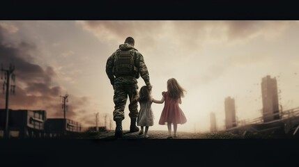 Fototapeta premium Soldier walking with little girls holding hands Back