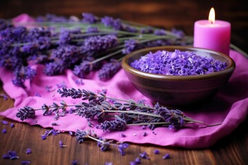 Obraz na płótnie Canvas bowl of lavender buds next to a purple candle