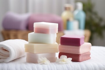 Fototapeta na wymiar scented soap bars beside stack of bath towels