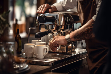 Fototapeta na wymiar Close up von Barista an Kaffeemaschine, Kaffeevollautomat, erstellt mit generativer KI