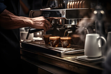 Close up von Barista an Kaffeemaschine, Kaffeevollautomat, erstellt mit generativer KI - 654176389