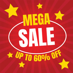 Fototapeta premium Mega sale Offer banner template design. Up to 60% OFF, discount tag design template vector illustration.