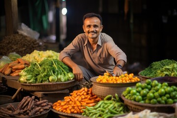 Indian street vegetable vendor or bhaji wala - obrazy, fototapety, plakaty
