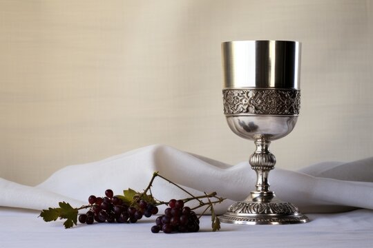 silver kiddush cup set on a white tablecloth
