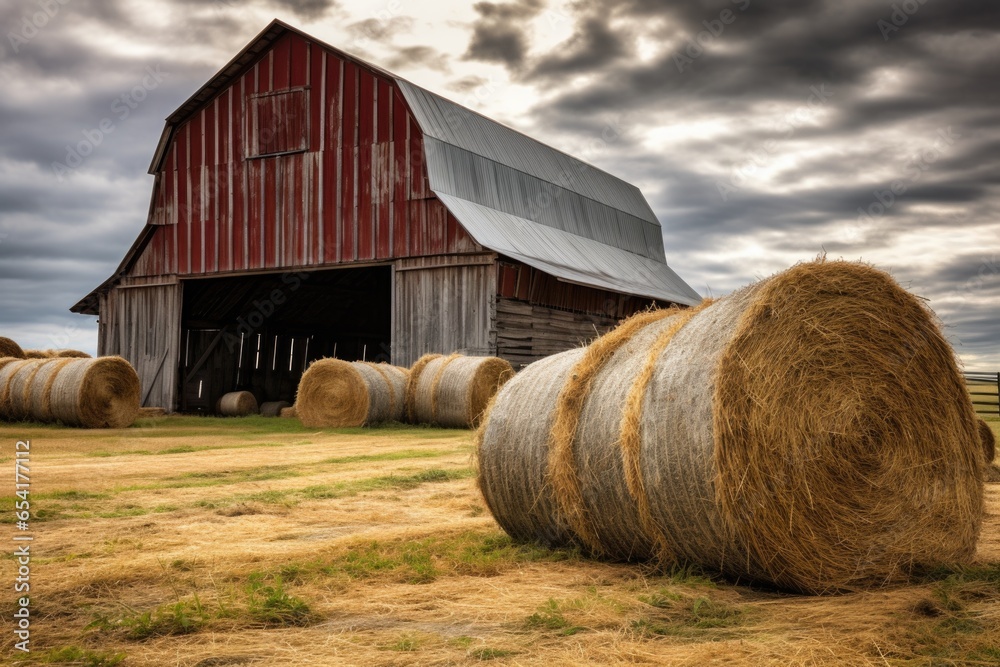 Wall mural hay bales stacked beside a wooden barn