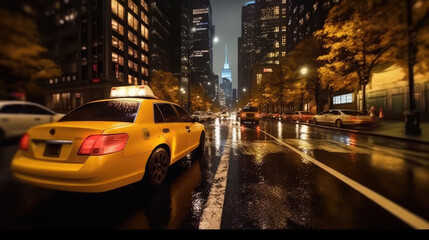 A taxi through the city streets on a quiet autumn night