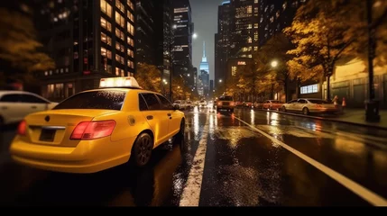 Foto op Plexiglas A taxi through the city streets on a quiet autumn night © Thanos