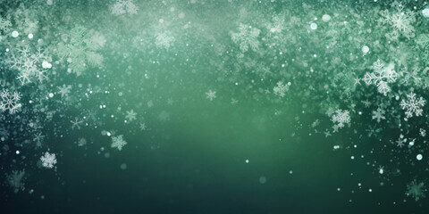Frame made of snow with snowflakes and ice crystals on green background, top view with space for text