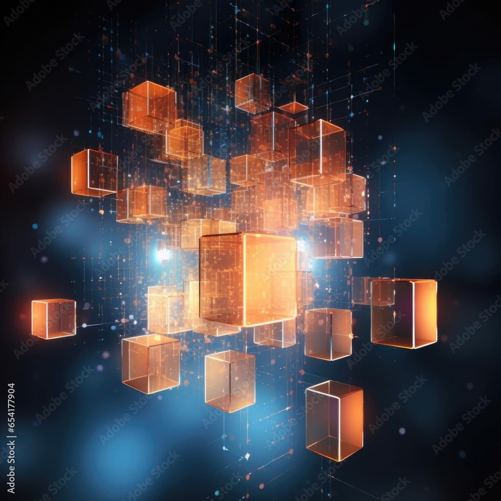 Wall mural blockchain concept banner. isometric digital blocks connection with each other and shapes crypto cha