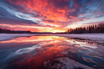 Fototapeta na wymiar sunset reflection on a frozen lake