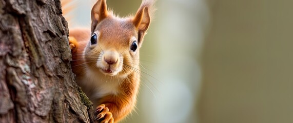 Red squirrel on tree with blurred forest, wood background. Closeup of sciurus vulgaris with paws, claws on bark. Cute animal in nature. - obrazy, fototapety, plakaty