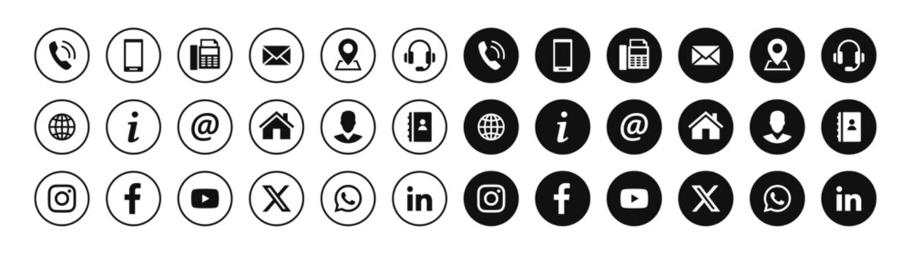 Set of contact and social media icons in circles. Vector symbols.