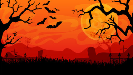 Gloomy ominous Halloween landscape. Crimson sunset.