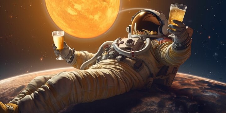 An Astronaut Drinks and Lies in a Sun Lounger on the Moon with the Universe and Planets in the Background