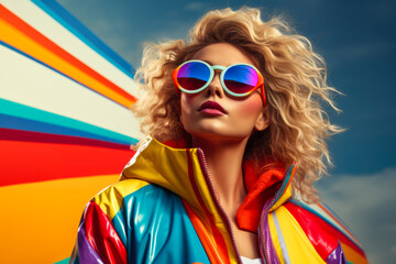 Woman in colorful 80s jacket. 90s vibes concept image