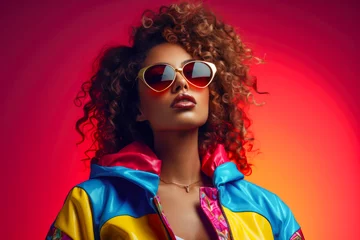  Woman in colorful 80s jacket. 90s vibes concept image © JuanM