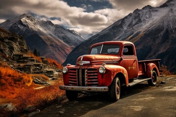 Vintage truck amidst mountains. Generative AI - obrazy, fototapety, plakaty