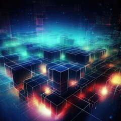Obraz premium Futuristic metaverse and blockchain technology network concept with connected digital cubes blocks in glowing style on dark purple background.