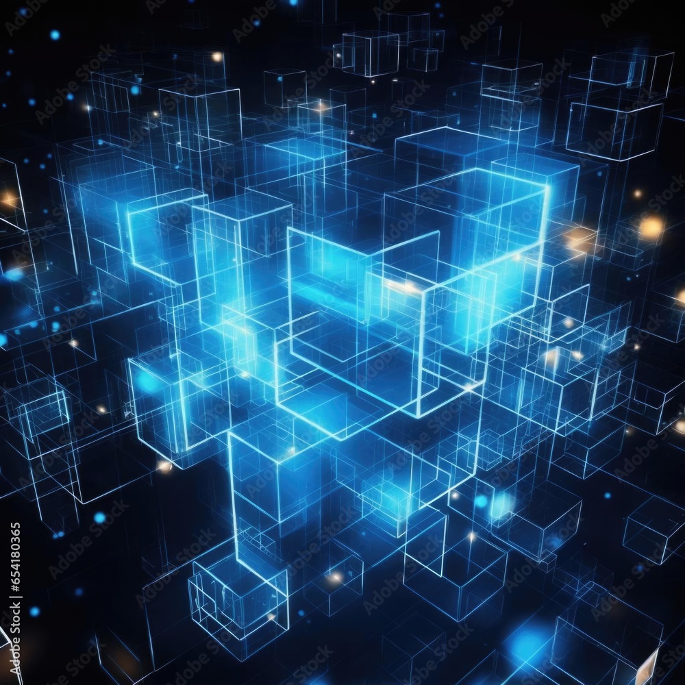 Poster block chain technology in secure finance network connecting digital cube to big data visualization, 