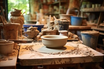fresh clay on a potters wheel in a ceramics studio