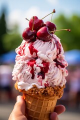 A person holding a ice cream cone  with delicious cherry ice cream and fresh cherries on top. Delightful Summer Treat With Juicy, Red Cherries.