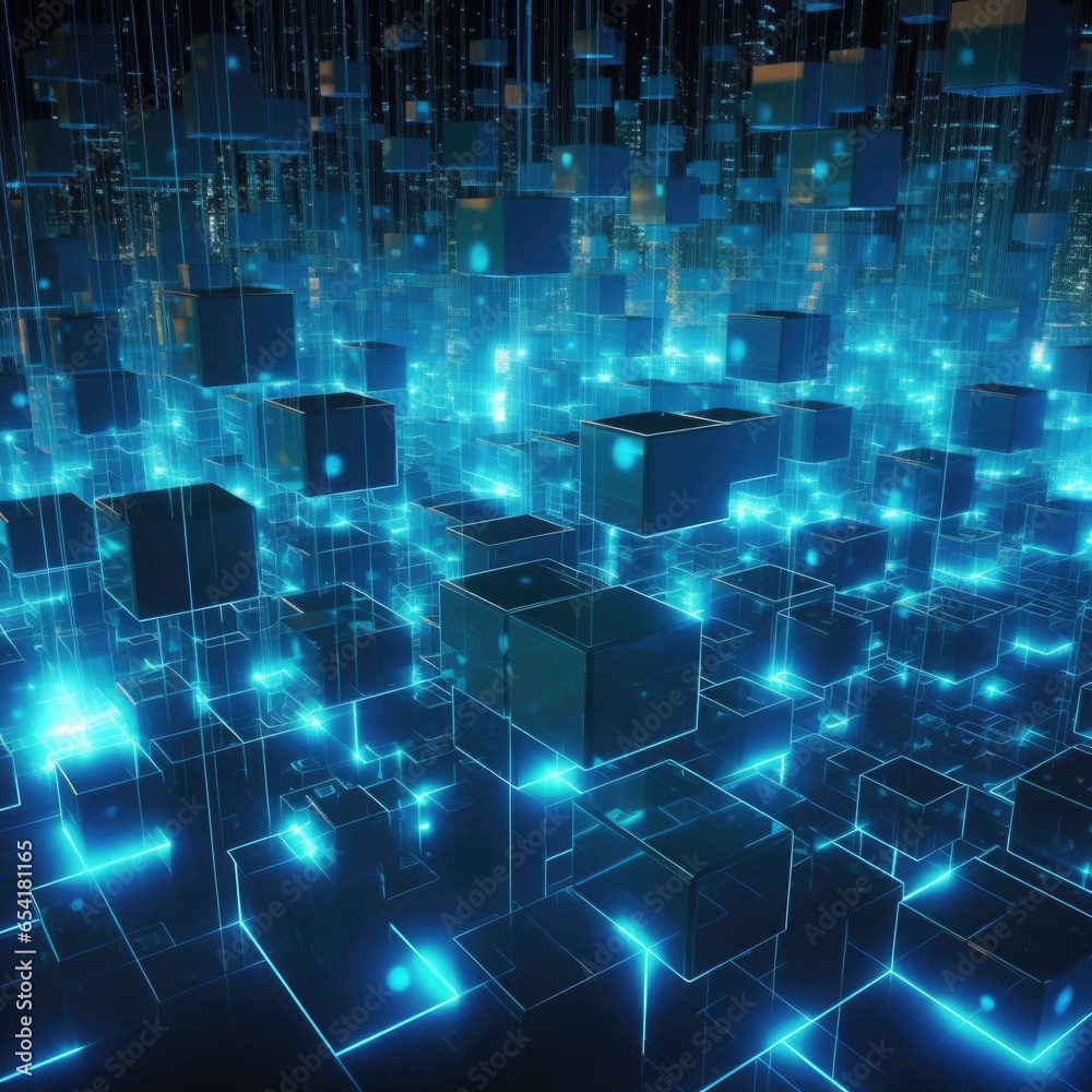 Poster futuristic metaverse and blockchain technology network concept with connected digital cubes blocks i