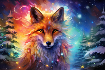beautiful glowing red fox in the snow, magical winter scene, colorful art
