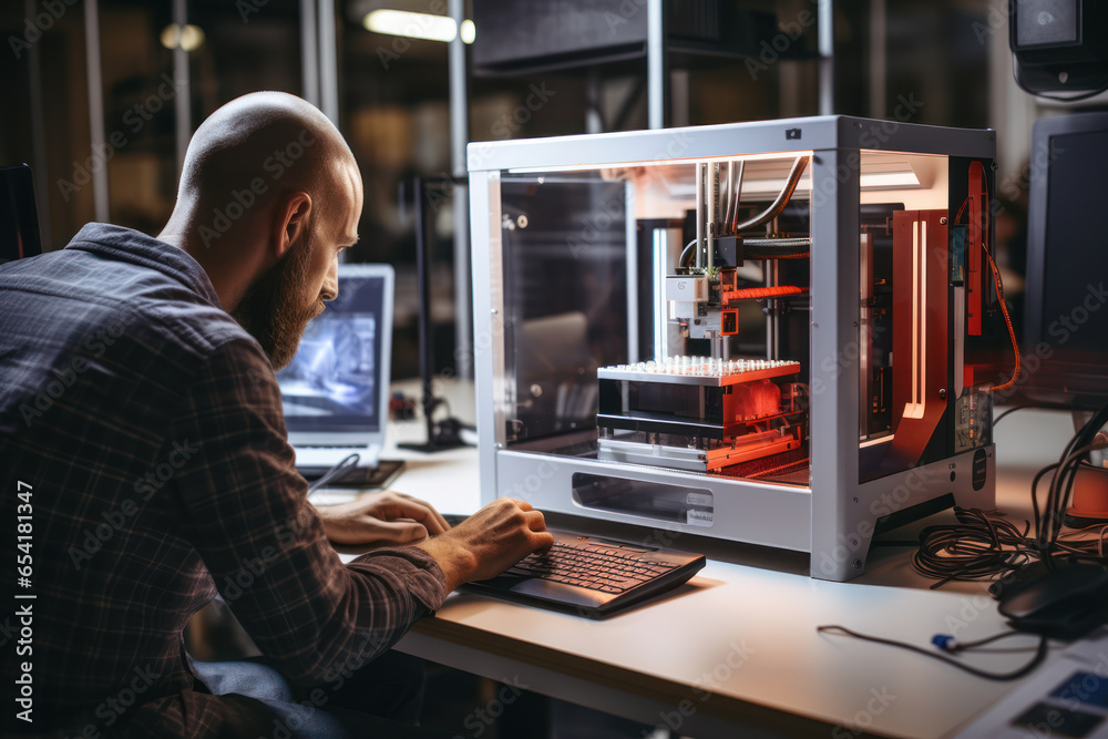 Poster a technician using a 3d printer to create a prototype of a new product. concept of additive manufact