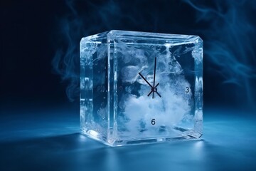 Frozen clock in a block of ice. frozen time
