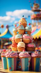 Fototapeta na wymiar Towering Cupcakes with Colourful Icing at Carnival. A whimsical stack of vibrant cupcakes with festive decorations at a fairground.