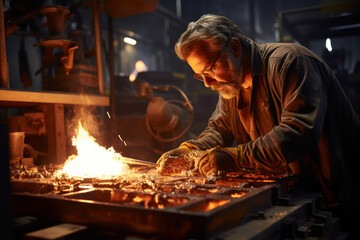 A foundry worker pouring molten metal into molds to create intricate metal sculptures. Concept of metal casting. Generative Ai.