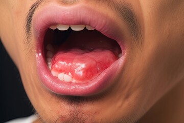 Aphthous ulcer, canker sore or stress ulcer in the mouth of Asian male patient, Generative AI - obrazy, fototapety, plakaty