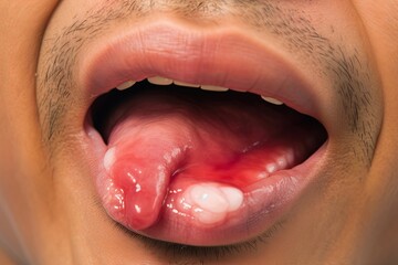 Aphthous ulcer, canker sore or stress ulcer in the mouth of Asian male patient, Generative AI